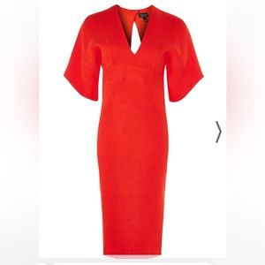 Topshop Textured Plunge Midi Dress Red/Orange